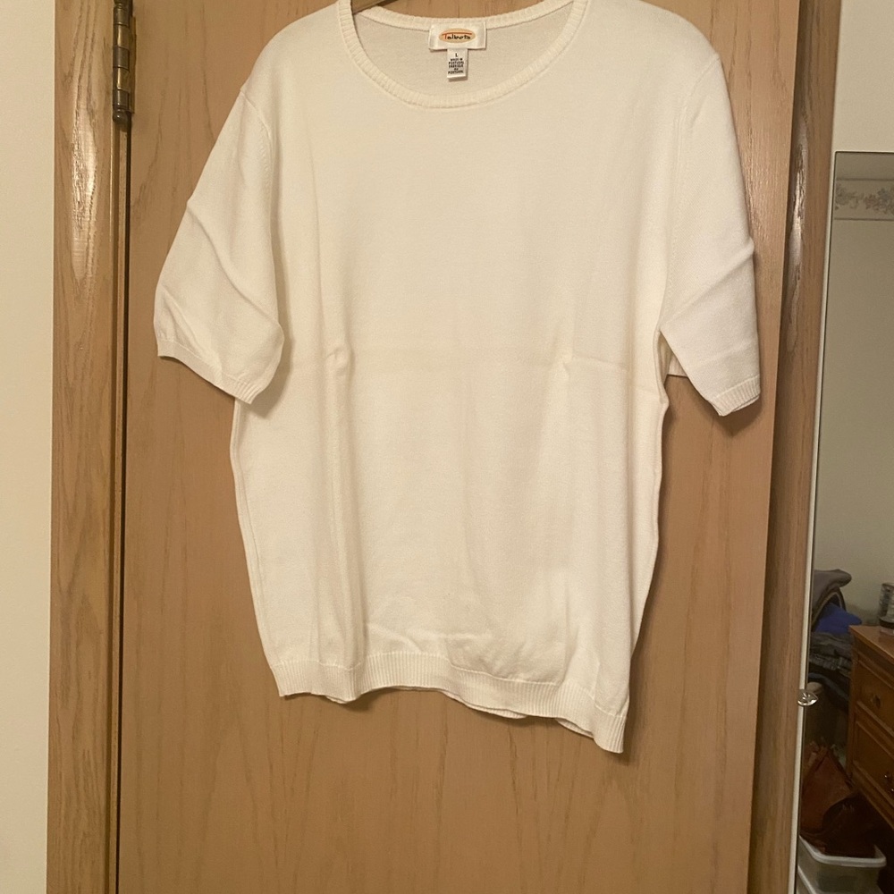 Talbots Large Cream Combed Cotton Short Sleeve Sweater